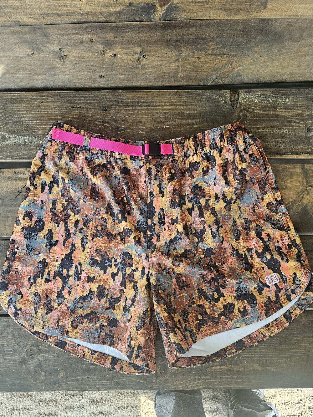 Topo Designs Multi-Color Camo Athletic Shorts with Pink Belt